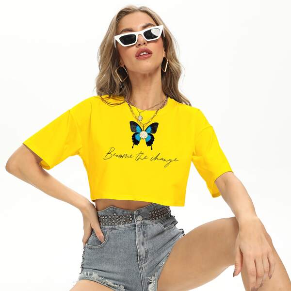 

Butterfly & Slogan Crop Tee, Yellow