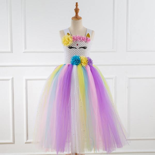 

Toddler Girls Stereo Flower Mesh Panel Gown Dress, Multicolor