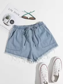 SHEIN EZwear شورت بخصر معقود وجيب مائل مرقع وحافة خام غير مخيطة