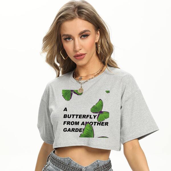 

Butterfly & Slogan Print Crop Tee, Light grey