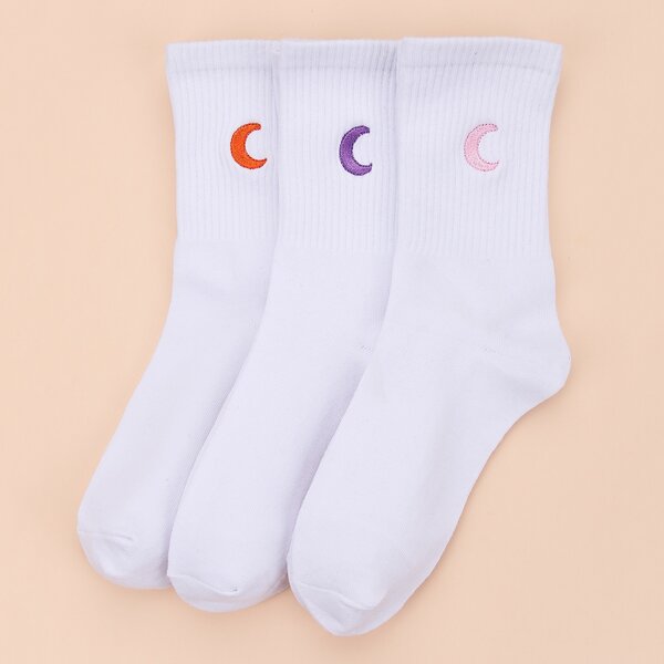 

3pairs Moon Embroidered Crew Socks, White