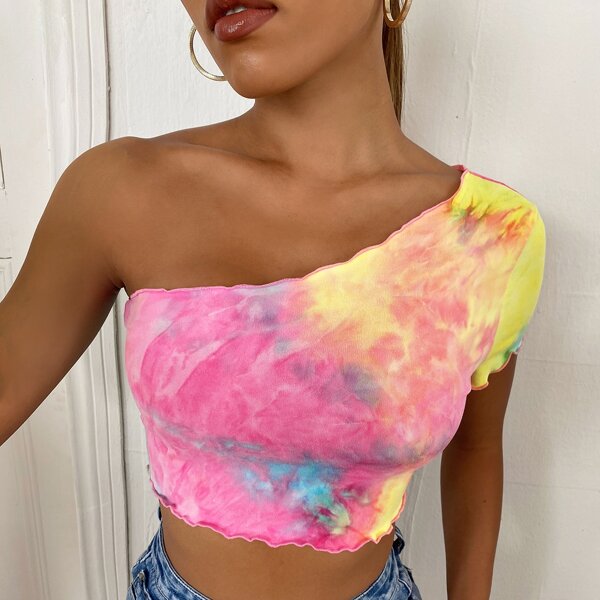 

One Shoulder Lettuce Trim Tie Dye Top, Multicolor