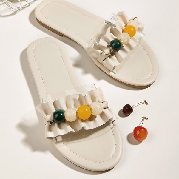 

Ruffle & Bead Decor Slide Sandals, Beige