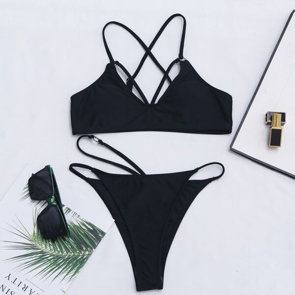 

Ring Linked Harness Thong Bikini Swimsuit, Black