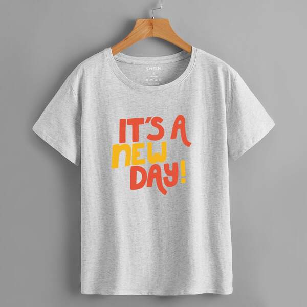 

Slogan Graphic Crew Neck Tee, Light grey
