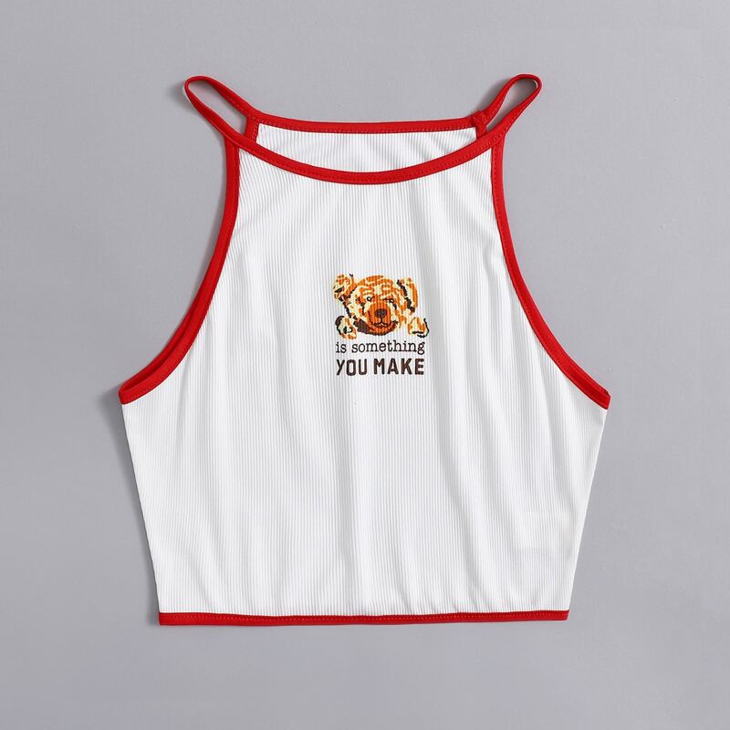

Letter Cartoon Bear Graphic Ringer Cami, White