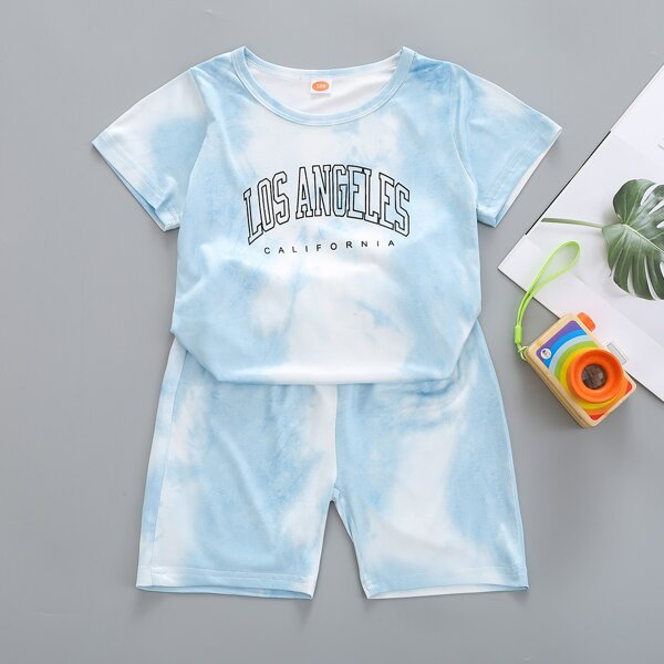 

Toddler Boys Tie Dye Letter Graphic Tee With Shorts, Blue and white