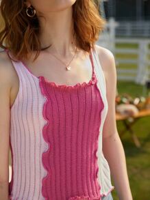 SHEIN Unity Frill Stitch Trim Colorblock Rib-knit Top - Multicolor - View 5