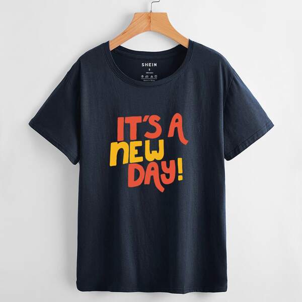 

Slogan Graphic Crew Neck Tee, Navy blue