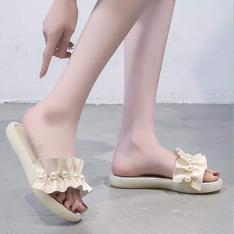 

Faux Pearl Ruffle Band Slide Sandals, Beige