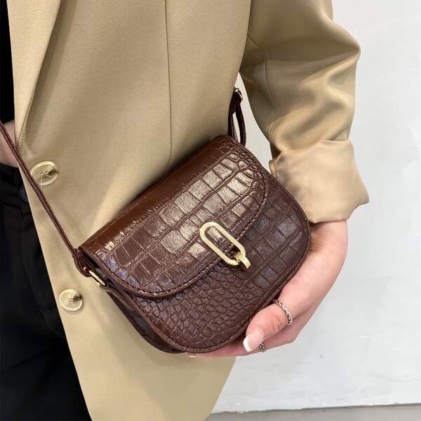 

Croc Embossed Flap Saddle Bag, Coffee brown