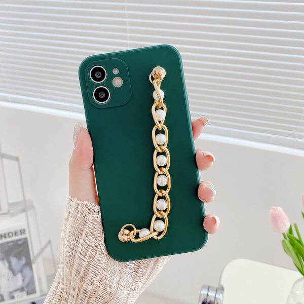 

Faux Pearl Chain Hand Strap Phone Case, Dark green