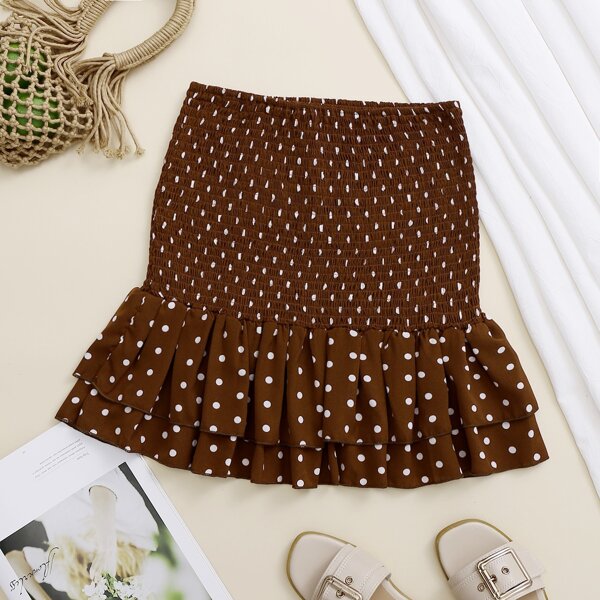 

Shirred Panel Layered Ruffle Hem Skirt, Chocolate brown