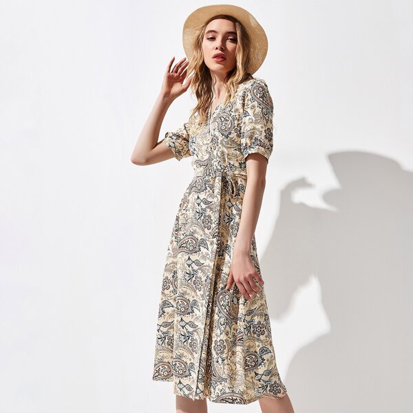 

Paisley Print Self Belted Dress, Multicolor