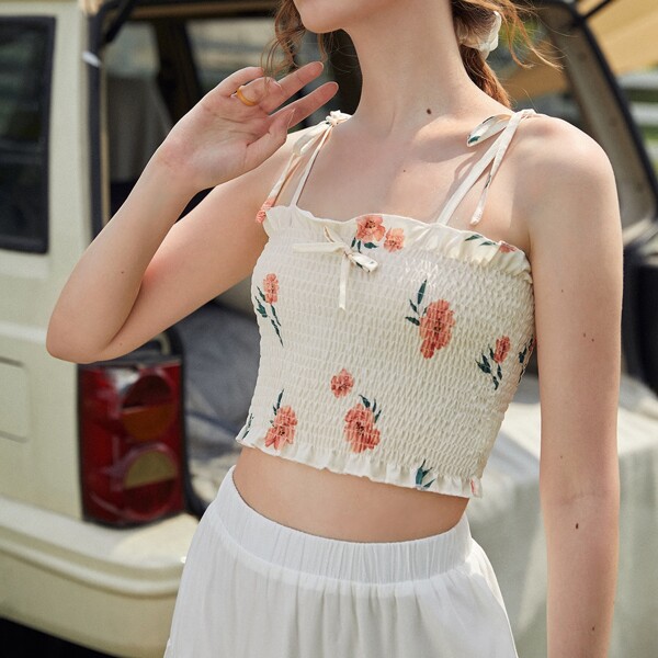 

Knot Straps Bow Front Shirred Floral Cami Crop Top, Beige