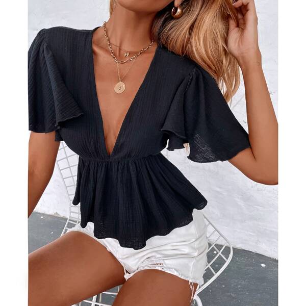 

Plunging Neck Ruffle Hem Blouse, Black