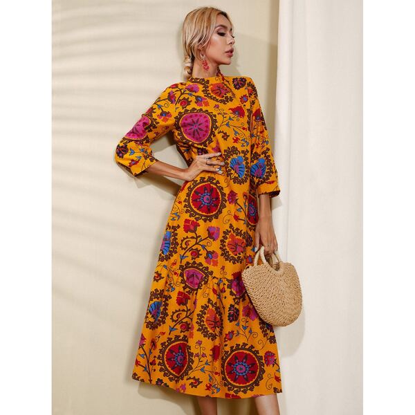 

Floral Mock Neck Ruffle Hem Dress, Multicolor