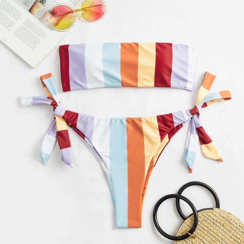 

Stripe Tie Side Bikini Swimsuit, Multicolor