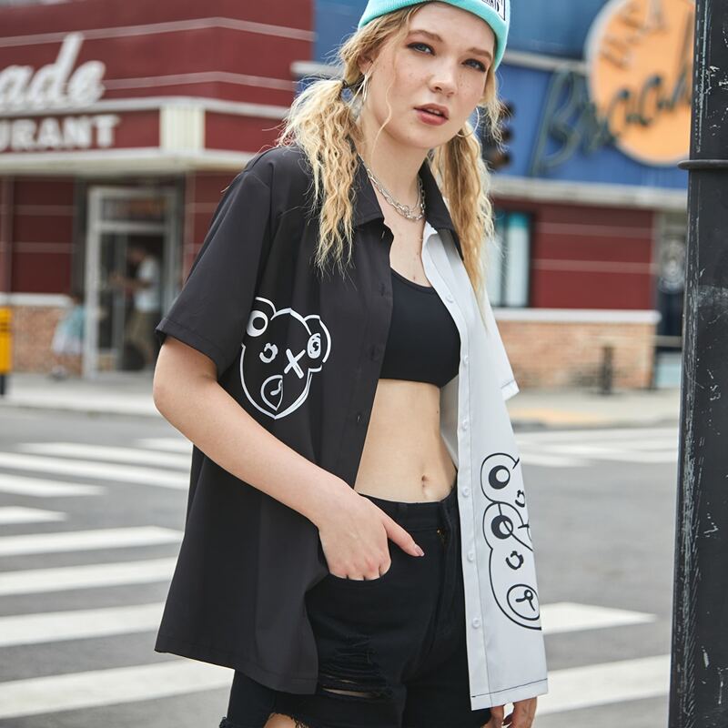 

Two Tone Cartoon Bear Graphic Button Front Blouse, Black and white