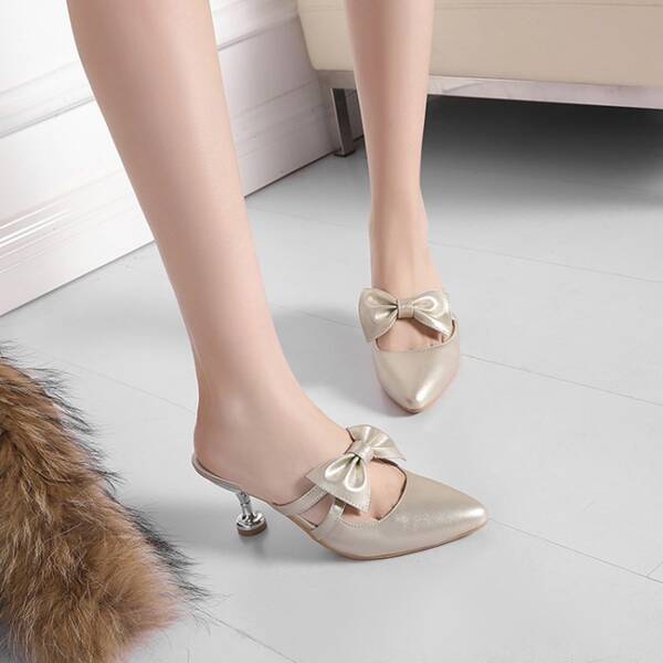 

Bow Decor Point Toe Mules, Gold