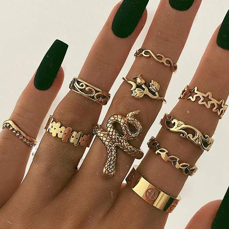 

10pcs Flower & Star Decor Ring, Gold