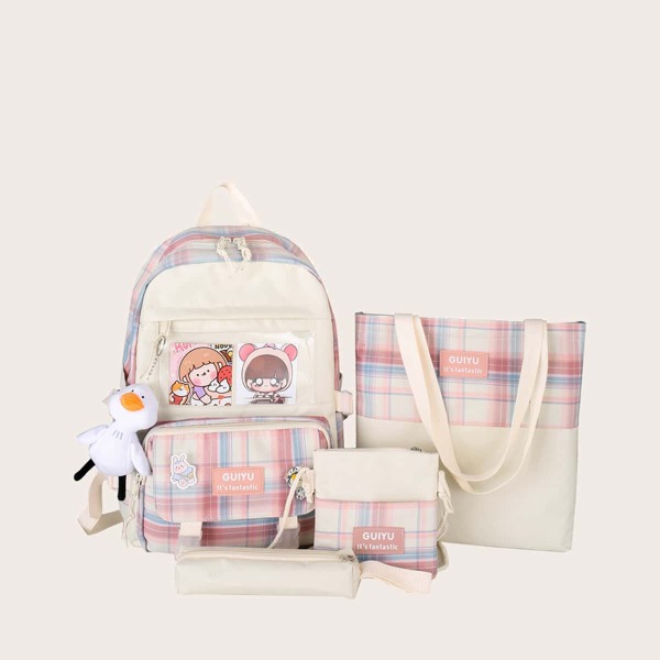 

4pcs Girls Tartan Backpack Set, Pink