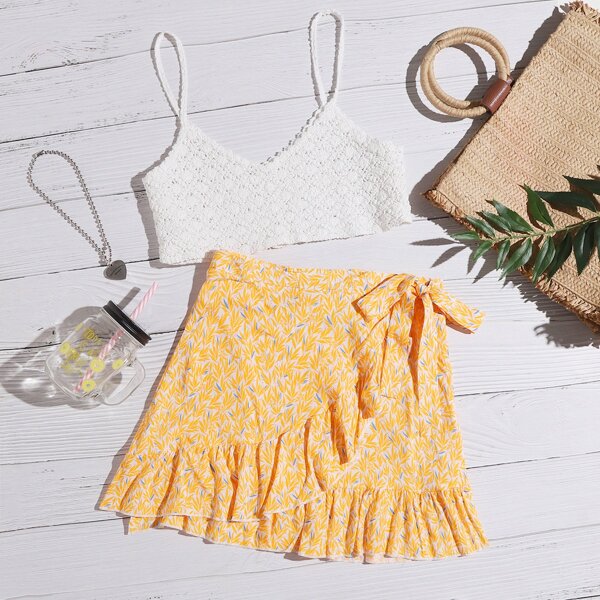 

Plus Plants Print Tie Side Wrap Skirt, Yellow