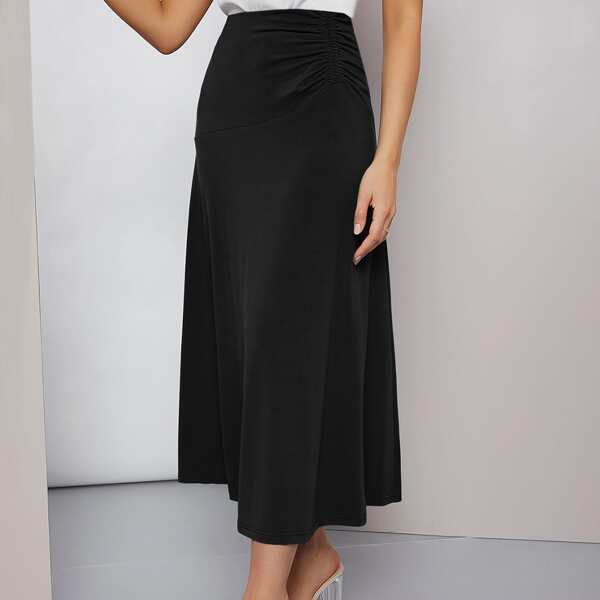 

Ruched Waist Solid Skirt, Black
