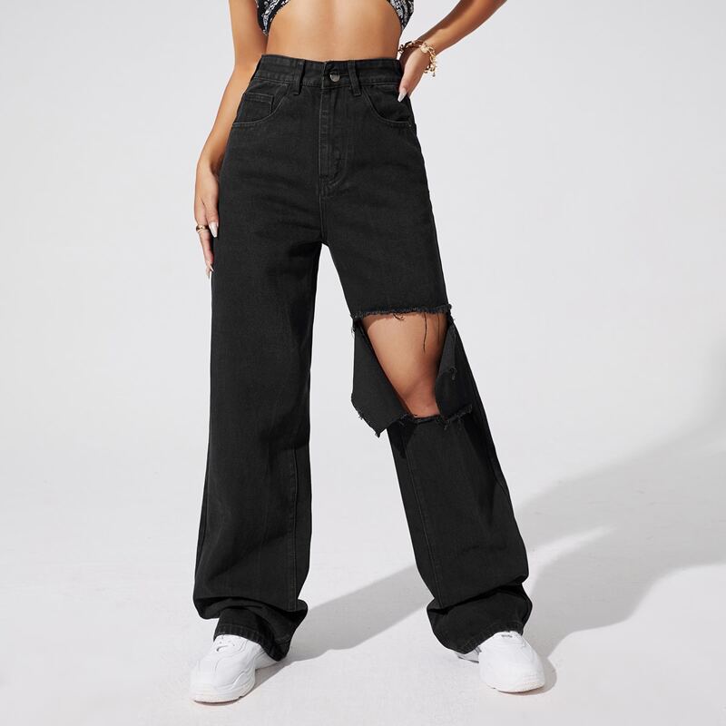 

High Waist Ripped Jeans, Black