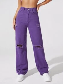 SHEIN EZwear 淺色水洗破洞寬鬆牛仔褲不帶腰帶 - 紫羅蘭色 - 查看 1
