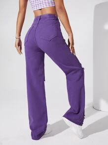 SHEIN EZwear 淺色水洗破洞寬鬆牛仔褲不帶腰帶 - 紫羅蘭色 - 查看 2