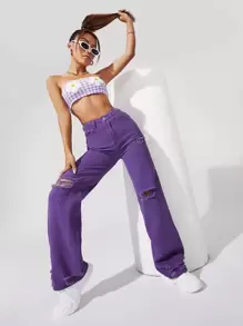 SHEIN EZwear 淺色水洗破洞寬鬆牛仔褲不帶腰帶 - 紫羅蘭色 - 查看 3