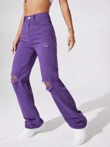 SHEIN EZwear 淺色水洗破洞寬鬆牛仔褲不帶腰帶 - 紫羅蘭色 - 查看 4
