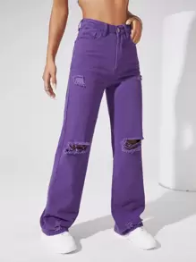 SHEIN EZwear 淺色水洗破洞寬鬆牛仔褲不帶腰帶 - 紫羅蘭色 - 查看 5