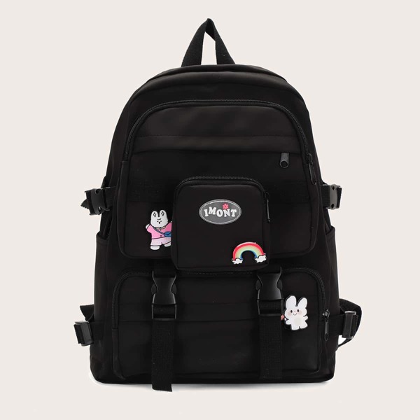 

Cartoon Decor Pocket Front Backpack, Black