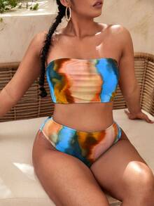 大码扎染抹胸比基尼套装夏季海滩 - 彩色 - 查看 3