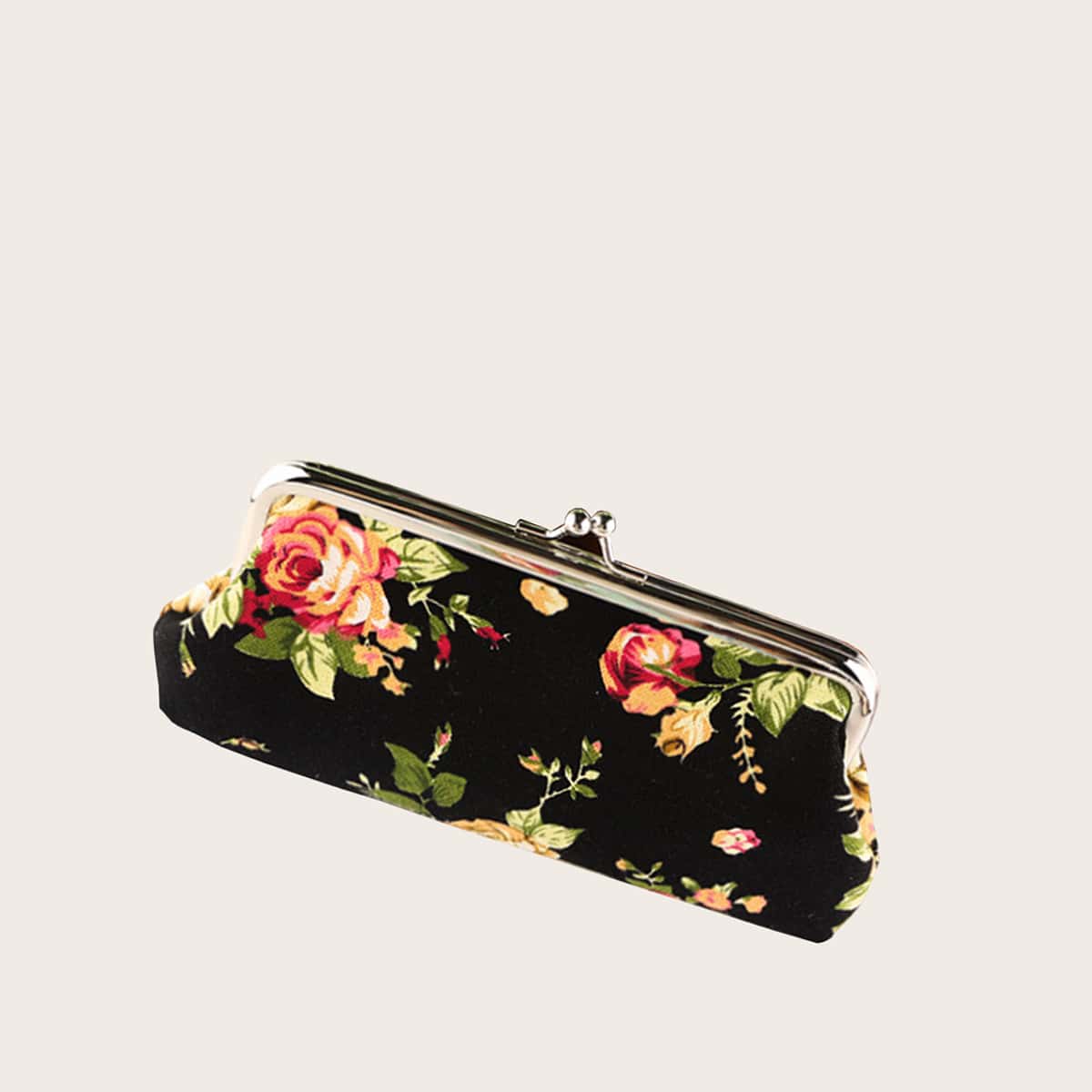 

Floral Graphic Kiss Lock Purse, Black