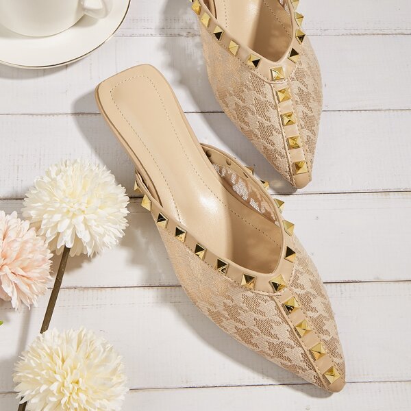 

Spiked Decor Sheer Mesh Flat Mules, Apricot
