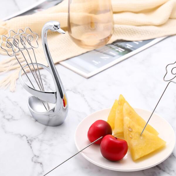 

6pcs Fruit Stick & 1pc Swan Design Stand, Silver
