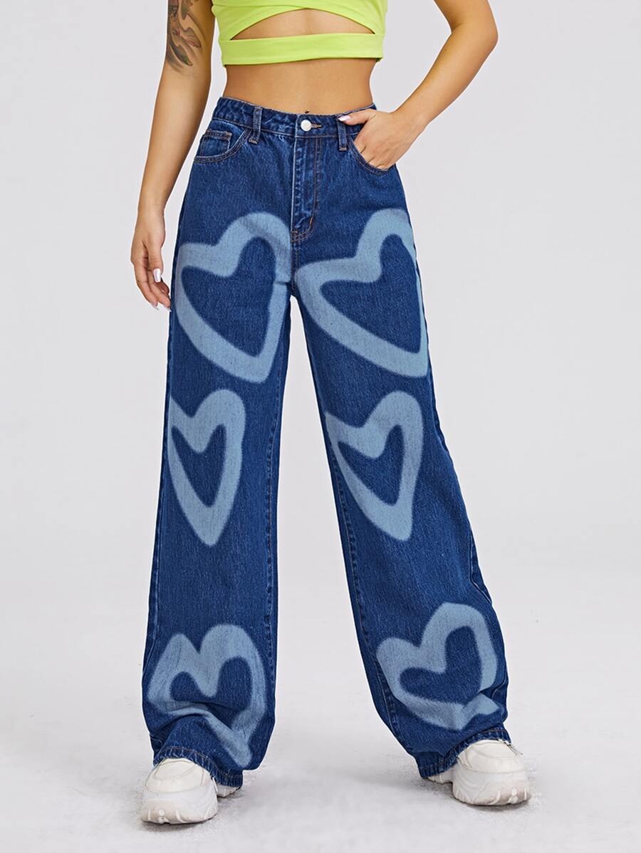 Jeans de pierna ancha con estampado de corazón de cintura alta - Azul lavado medio - Ver 1