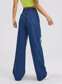Jeans de pierna ancha con estampado de corazón de cintura alta - Azul lavado medio - Ver 2