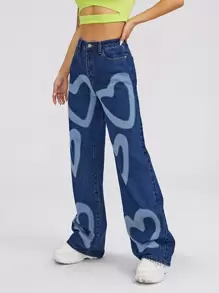 Jeans de pierna ancha con estampado de corazón de cintura alta - Azul lavado medio - Ver 3