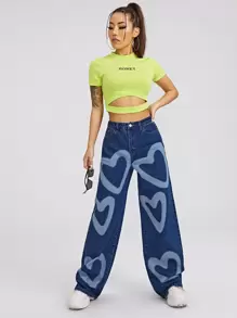 Jeans de pierna ancha con estampado de corazón de cintura alta - Azul lavado medio - Ver 4