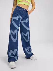 Jeans de pierna ancha con estampado de corazón de cintura alta - Azul lavado medio - Ver 5