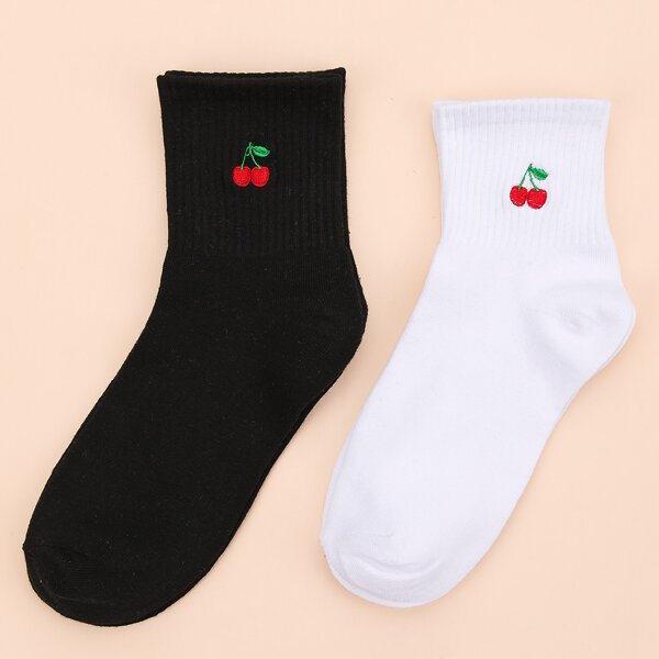 

2pairs Fruit Embroidered Crew Socks, Multicolor