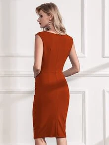 MIUSOL Đầm ôm sát xếp ly, khóa kéo sau, xẻ tà, kiểu dáng thanh lịch, thích hợp cho tiệc tùng hoặc các dịp trang trọng. - Màu Cam cháy - Xem 3