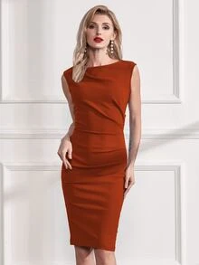 MIUSOL Đầm ôm sát xếp ly, khóa kéo sau, xẻ tà, kiểu dáng thanh lịch, thích hợp cho tiệc tùng hoặc các dịp trang trọng. - Màu Cam cháy - Xem 5