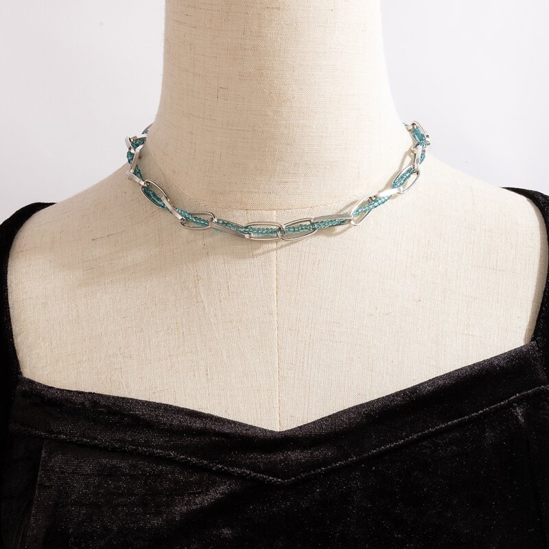 1pc Chain & Beaded Necklace, Baby blue