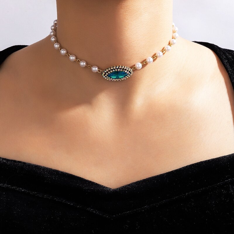 

Faux Pearl & Gemstone Decor Necklace, Blue