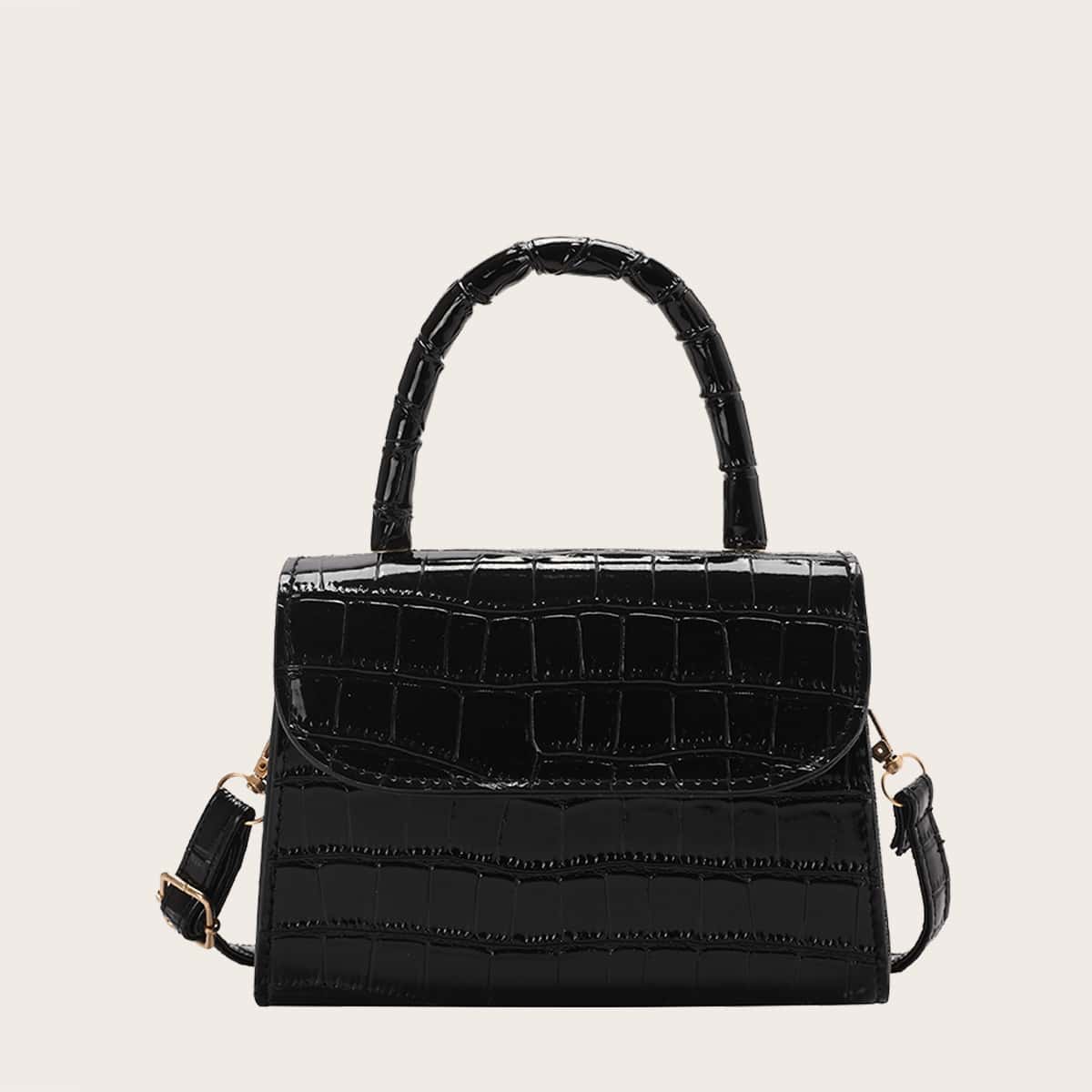 

Croc Embossed Satchel Bag, Black
